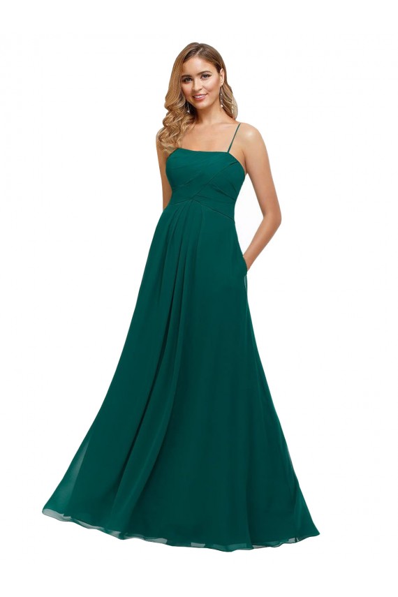 Vert Chasseur Trapèze Bretelles spaghetti Col Carré Mousseline Longue Robes demoiselle d'honneur à Bas Prix