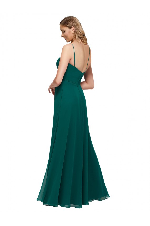 Vert Chasseur Trapèze Bretelles spaghetti Col Carré Mousseline Longue Robes demoiselle d'honneur à Bas Prix