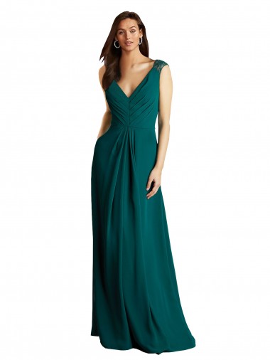 Vert Chasseur Trapèze Col V Mousseline Dentelle Longue Robes demoiselle d'honneur à Bas Prix