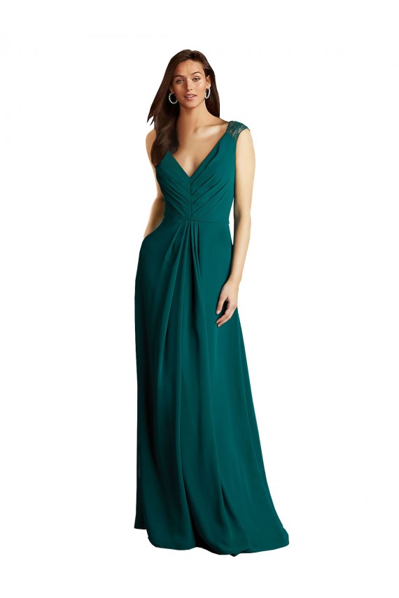 Vert Chasseur Trapèze Col V Mousseline Dentelle Longue Robes demoiselle d'honneur à Bas Prix
