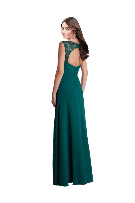 Vert Chasseur Trapèze Col V Mousseline Dentelle Longue Robes demoiselle d'honneur à Bas Prix
