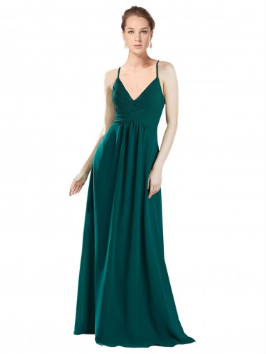 Vert Chasseur Trapèze Col V Mousseline Longue Robes demoiselle d'honneur à Bas Prix