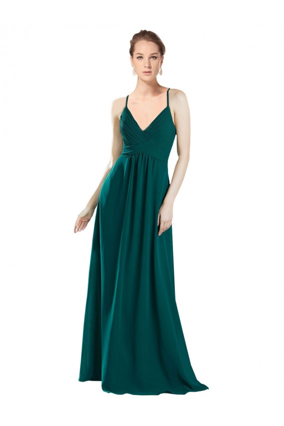 Vert Chasseur Trapèze Col V Mousseline Longue Robes demoiselle d'honneur à Bas Prix