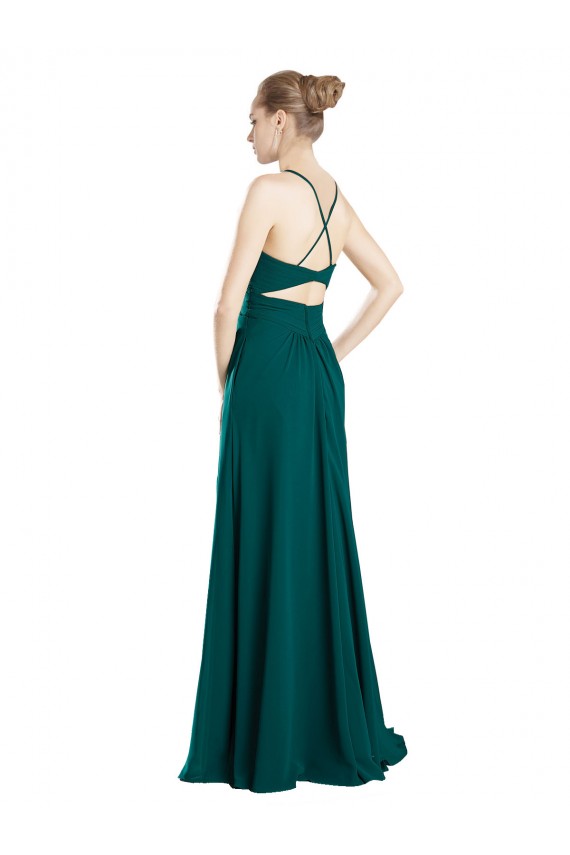 Vert Chasseur Trapèze Col V Mousseline Longue Robes demoiselle d'honneur à Bas Prix