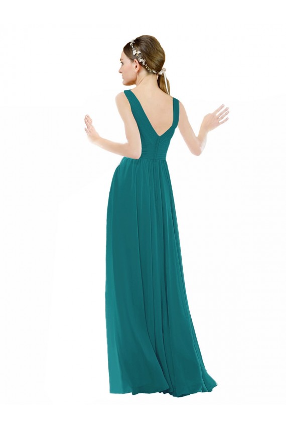 Vert Chasseur Trapèze Col V Mousseline Longue Robes demoiselle d'honneur à Bas Prix