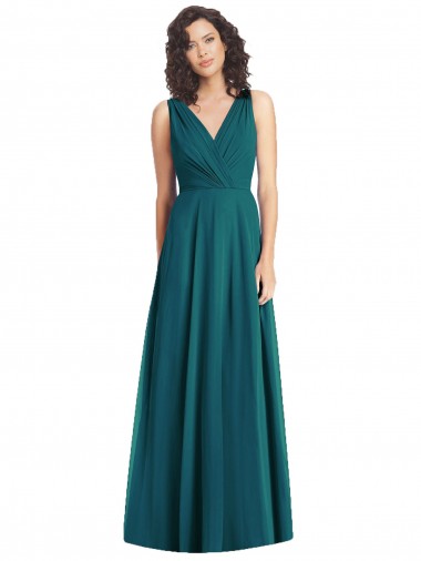 Vert Chasseur Trapèze Col V Mousseline Longue Robes demoiselle d'honneur à Bas Prix