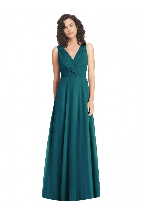 Vert Chasseur Trapèze Col V Mousseline Longue Robes demoiselle d'honneur à Bas Prix