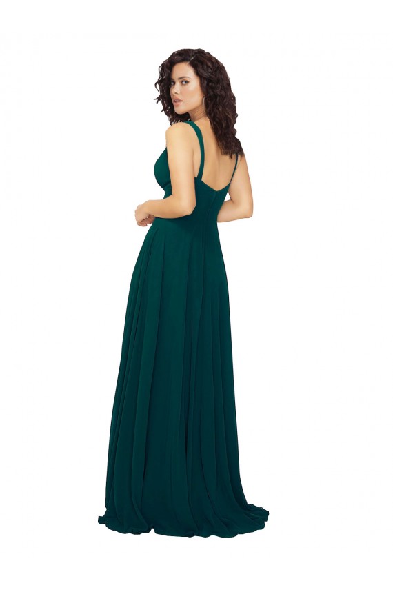 Vert Chasseur Trapèze Col V Mousseline Longue Robes demoiselle d'honneur à Bas Prix