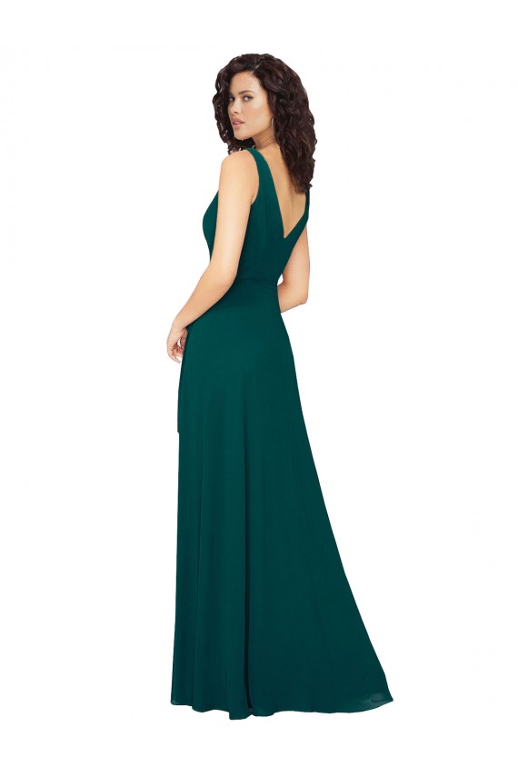 Vert Chasseur Trapèze Col V Mousseline Longue Robes demoiselle d'honneur à Bas Prix