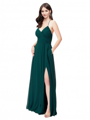 Vert Chasseur Trapèze Col V Mousseline Longue Robes demoiselle d'honneur à Bas Prix