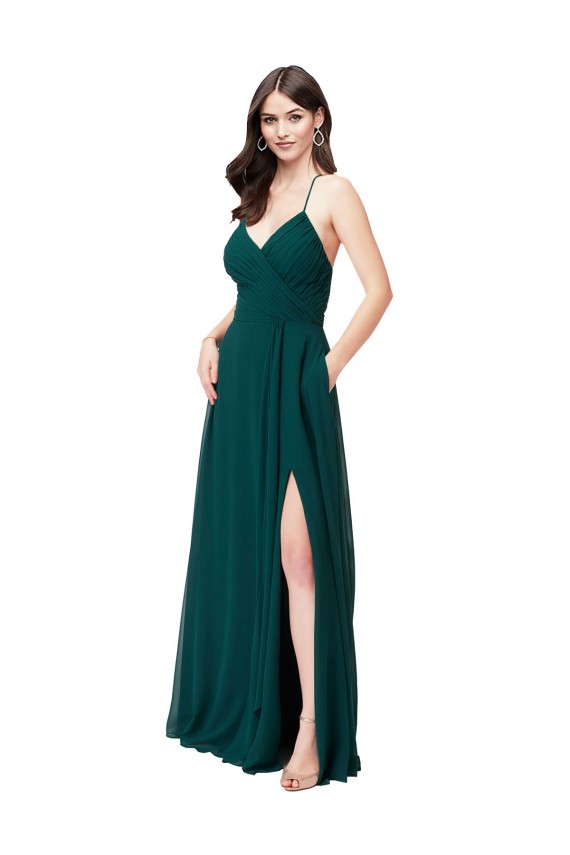 Vert Chasseur Trapèze Col V Mousseline Longue Robes demoiselle d'honneur à Bas Prix