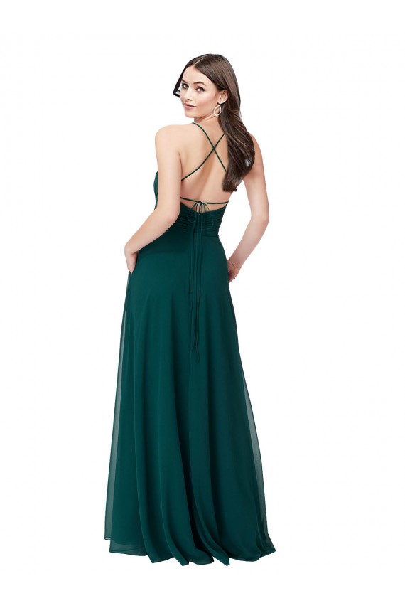 Vert Chasseur Trapèze Col V Mousseline Longue Robes demoiselle d'honneur à Bas Prix