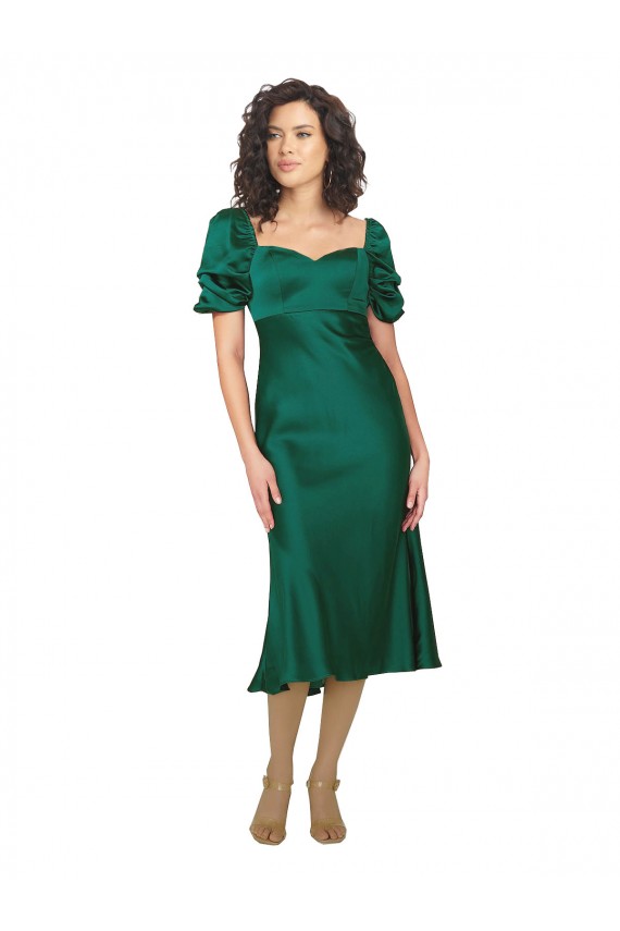 Vert Chasseur Trapèze midi Satiné Soyeux Courte Robes demoiselle d'honneur / Robes de soirée / Robes de bal à Bas Prix