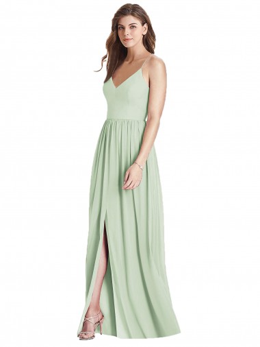 Vert Sauge Trapèze Bretelles spaghetti Col V Mousseline Longue Robes demoiselle d'honneur à Bas Prix