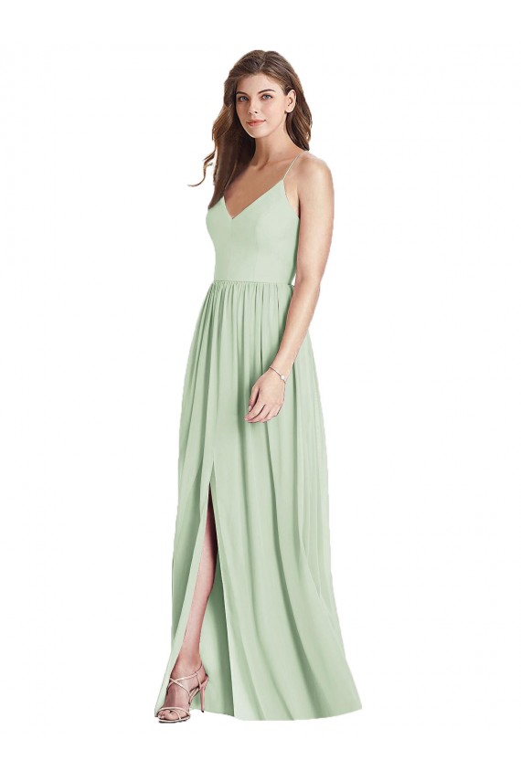 Vert Sauge Trapèze Bretelles spaghetti Col V Mousseline Longue Robes demoiselle d'honneur à Bas Prix