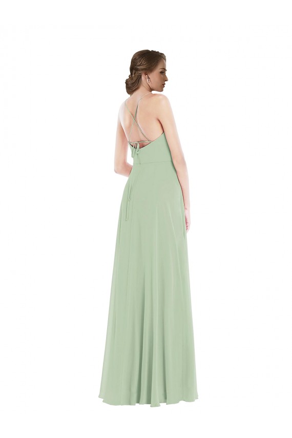 Vert Sauge Trapèze Scoop Mousseline Longue Robes demoiselle d'honneur à Bas Prix