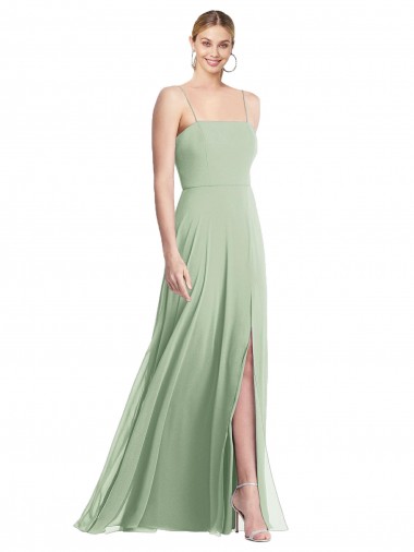 Vert Sauge Trompette Bretelles spaghetti Col Carré Mousseline Longue Formelles Robes demoiselle d'honneur / Robes de soirée à Bas Prix