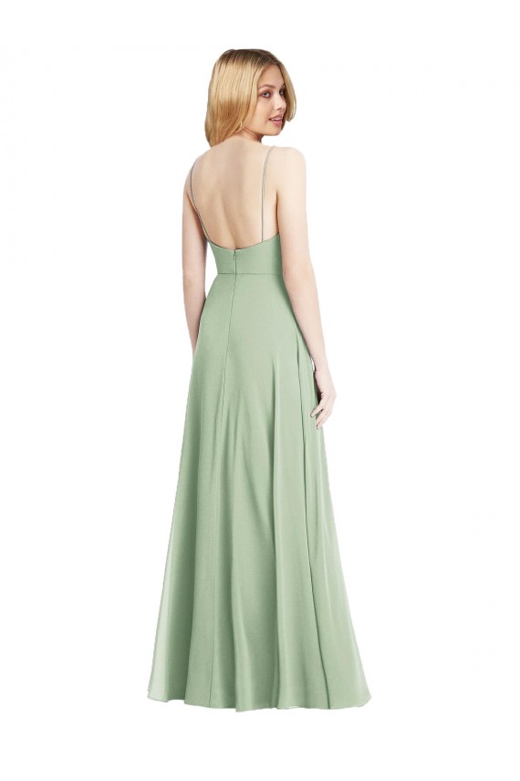 Vert Sauge Trompette Bretelles spaghetti Col Carré Mousseline Longue Formelles Robes demoiselle d'honneur / Robes de soirée à Bas Prix