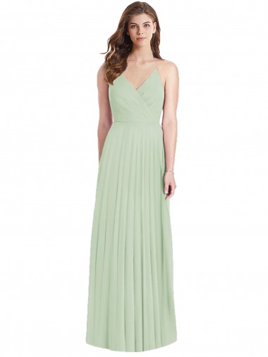 Vert Sauge Trompette Bretelles spaghetti Col V Mousseline Longue Robes demoiselle d'honneur à Bas Prix