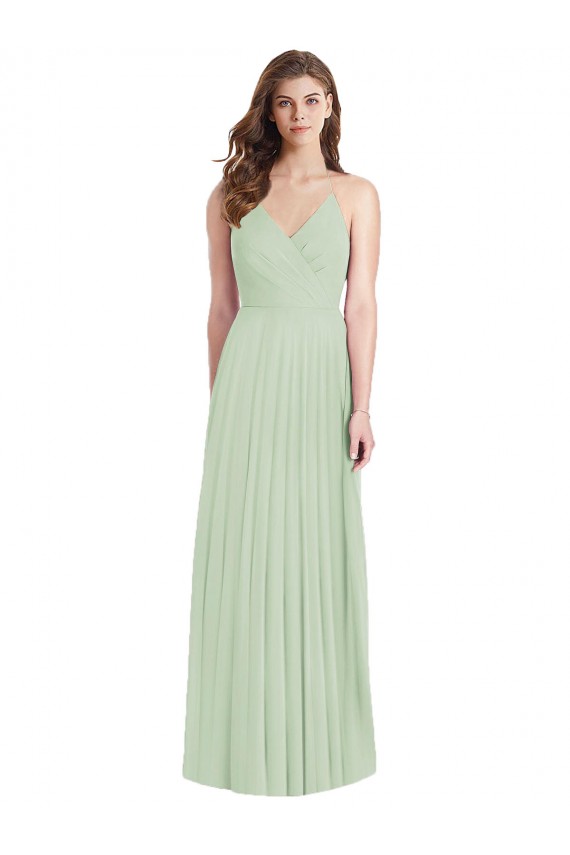 Vert Sauge Trompette Bretelles spaghetti Col V Mousseline Longue Robes demoiselle d'honneur à Bas Prix