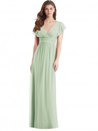 Vert Sauge Trompette Col V Mousseline Longue Robes demoiselle d'honneur à Bas Prix