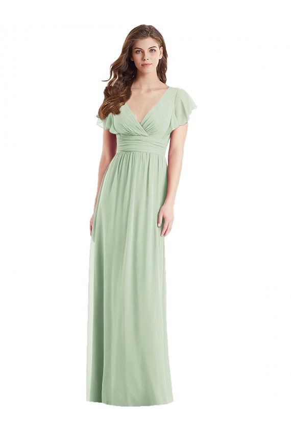 Vert Sauge Trompette Col V Mousseline Longue Robes demoiselle d'honneur à Bas Prix