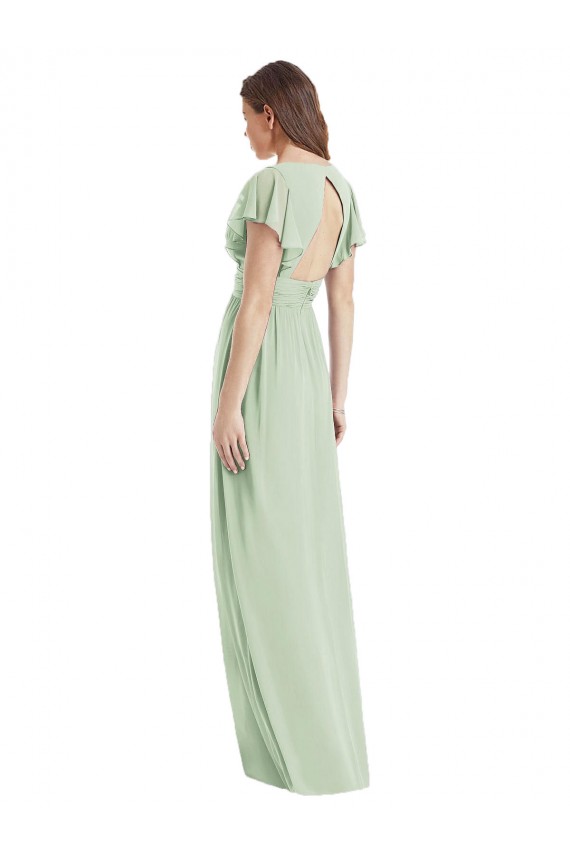Vert Sauge Trompette Col V Mousseline Longue Robes demoiselle d'honneur à Bas Prix