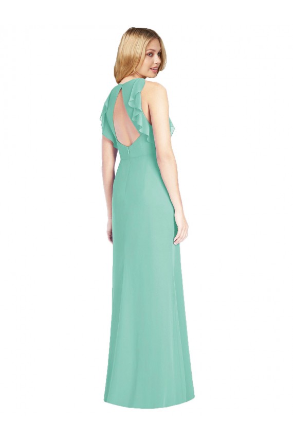 Vert de jade Sirène Col bijou Mousseline Longue Robes demoiselle d'honneur à Bas Prix