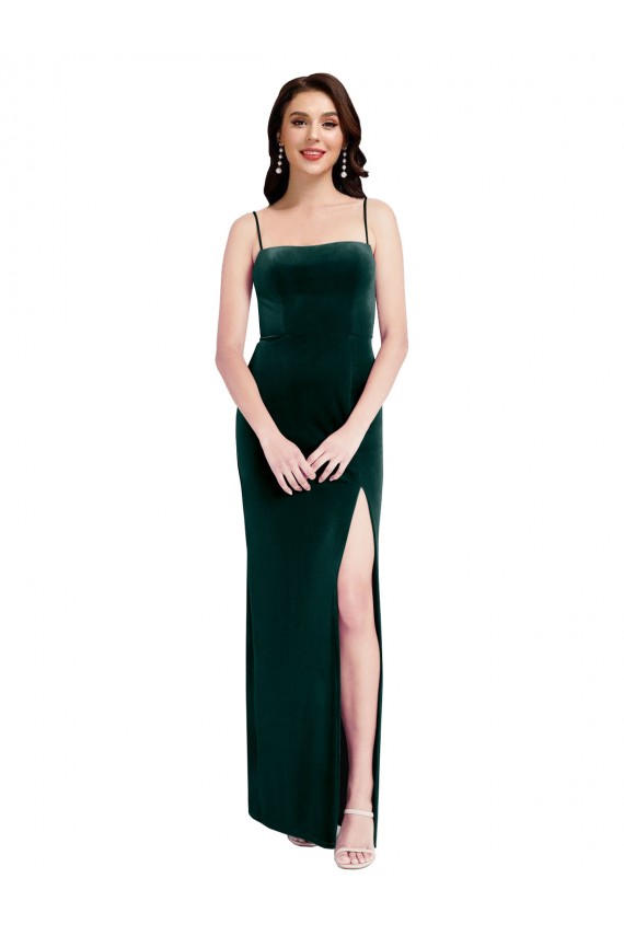 Vert foncé Fourreau Bretelles spaghetti Col Carré Velours Stretch Longue Robes demoiselle d'honneur / Robes de bal à Bas Prix