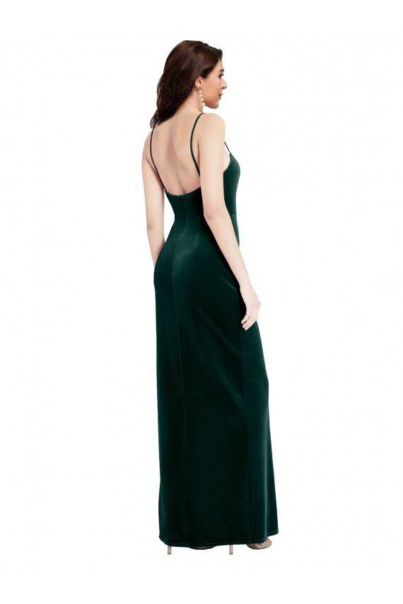 Vert foncé Fourreau Bretelles spaghetti Col Carré Velours Stretch Longue Robes demoiselle d'honneur / Robes de bal à Bas Prix