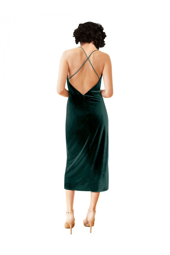 Vert foncé Fourreau Bretelles spaghetti midi Velours Stretch Courte Robes demoiselle d'honneur / Robes de soirée / Robes de cocktail à Bas Prix