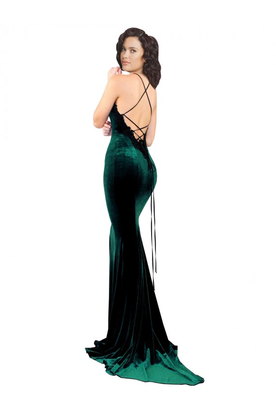 Vert foncé Sirène Col Haut Balayage train Velours Stretch Longue Formelles Robes demoiselle d'honneur / Robes de soirée / Robes de bal à Bas Prix