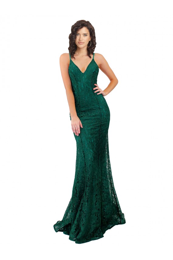 Vert foncé Sirène Col V Dentelle Longue Robes demoiselle d'honneur / Robes de bal à Bas Prix