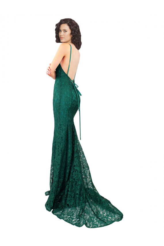 Vert foncé Sirène Col V Dentelle Longue Robes demoiselle d'honneur / Robes de bal à Bas Prix