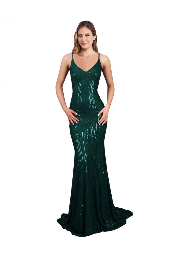 Vert foncé Sirène Col V Paillette Longue Formelles Robes demoiselle d'honneur / Robes de soirée / Robes de bal à Bas Prix