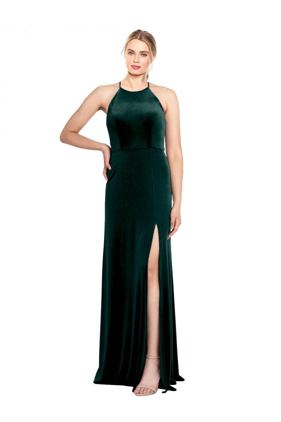 Vert foncé Trapèze Bretelles spaghetti Col bijou Velours Stretch Longue Robes demoiselle d'honneur / Robes de bal à Bas Prix