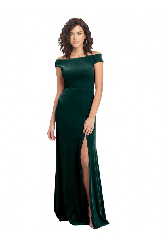 Vert foncé Trapèze Col Carré Velours Stretch Longue Formelles Robes demoiselle d'honneur / Robes de soirée / Robes de bal à Bas Prix