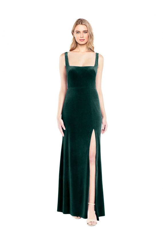 Vert foncé Trapèze Col Carré Velours Stretch Longue Robes demoiselle d'honneur / Robes de bal à Bas Prix
