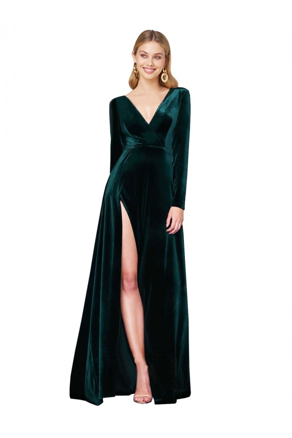 Vert foncé Trapèze Col V Balayage train Velours Stretch Longue Formelles Robes demoiselle d'honneur / Robes de soirée / Robes de bal à Bas Prix
