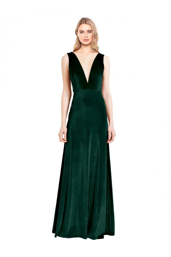 Vert foncé Trapèze Col V Velours Stretch Longue Formelles Robes demoiselle d'honneur / Robes de soirée / Robes de bal à Bas Prix