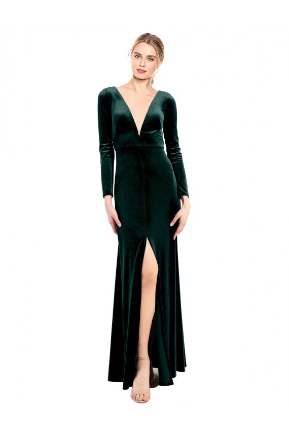 Vert foncé Trapèze Col V Velours Stretch Longue Robes demoiselle d'honneur / Robes de bal à Bas Prix