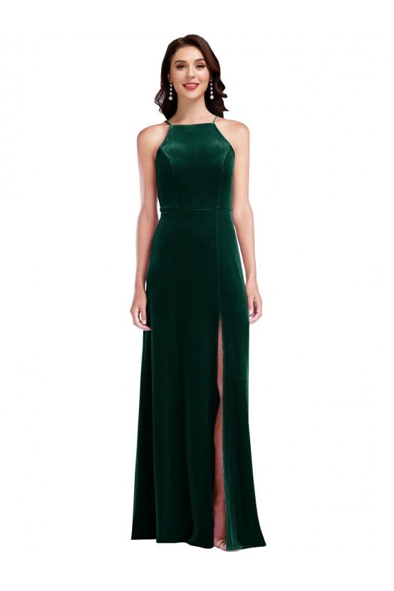 Vert foncé Trapèze Licou Col Haut Velours Stretch Longue Robes demoiselle d'honneur / Robes de bal à Bas Prix