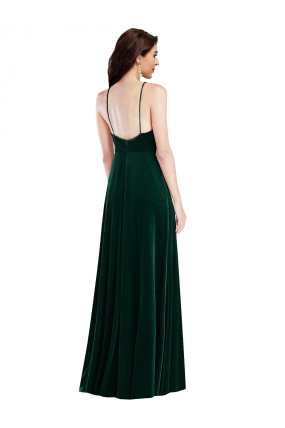 Vert foncé Trapèze Licou Col Haut Velours Stretch Longue Robes demoiselle d'honneur / Robes de bal à Bas Prix