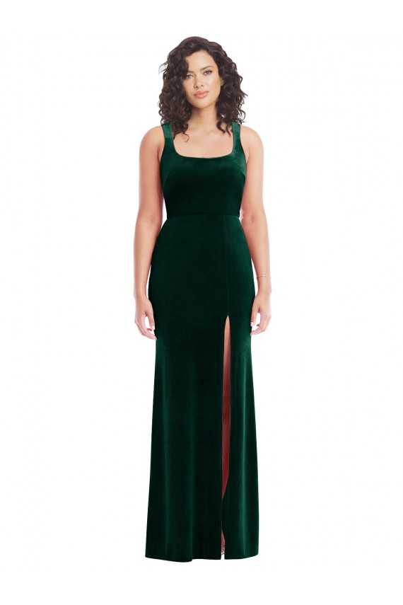 Vert foncé Trompette Col Carré Velours Stretch Longue Robes demoiselle d'honneur / Robes de bal à Bas Prix