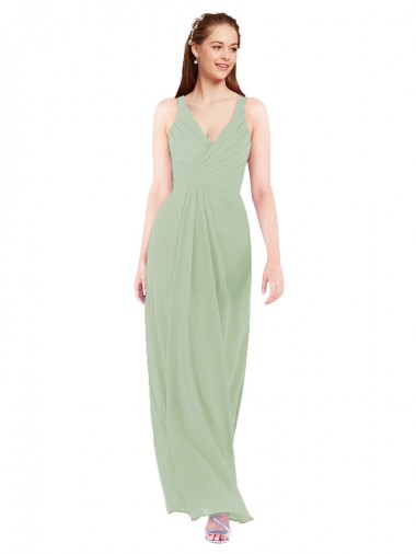 Vert fumée Fourreau Col V Mousseline Longue Robes demoiselle d'honneur à Bas Prix