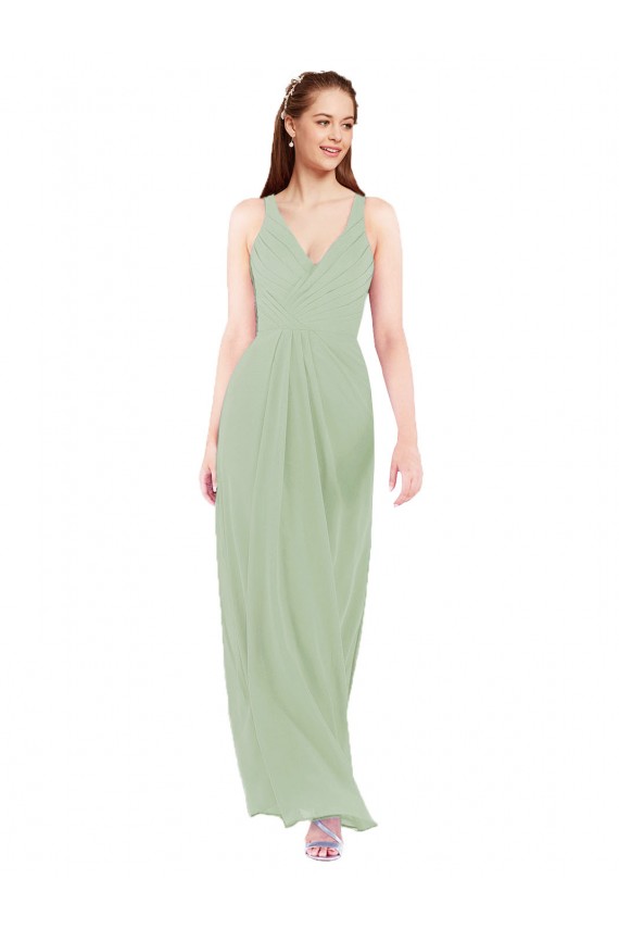 Vert fumée Fourreau Col V Mousseline Longue Robes demoiselle d'honneur à Bas Prix