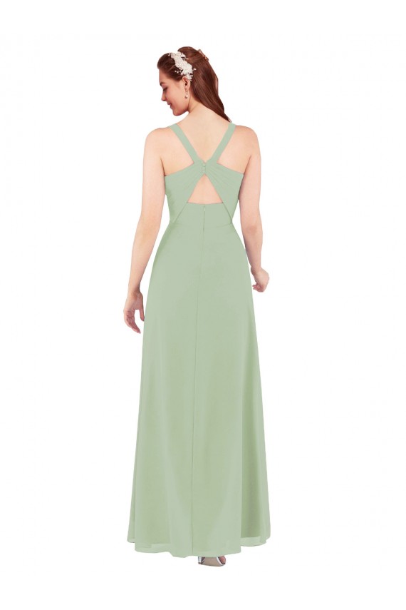 Vert fumée Fourreau Col V Mousseline Longue Robes demoiselle d'honneur à Bas Prix