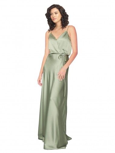 Vert fumée Trapèze Col V Satiné Soyeux Longue Formelles Robes demoiselle d'honneur / Robes de soirée à Bas Prix