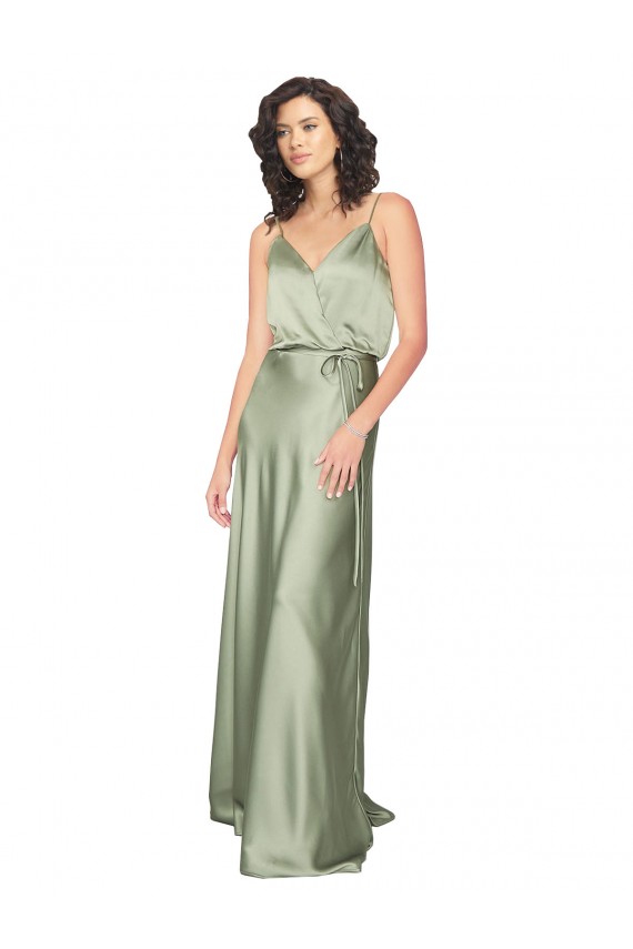 Vert fumée Trapèze Col V Satiné Soyeux Longue Formelles Robes demoiselle d'honneur / Robes de soirée à Bas Prix