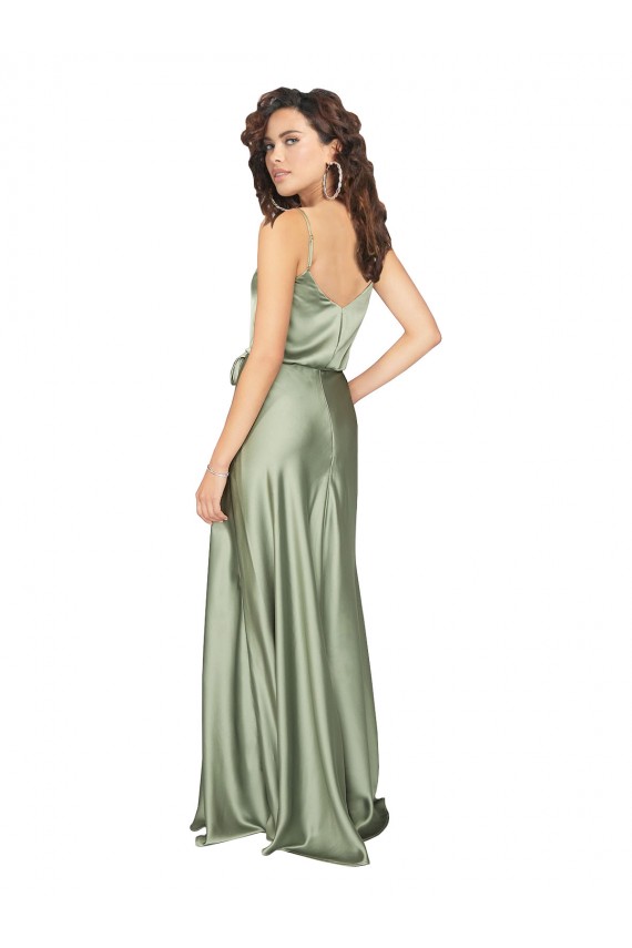 Vert fumée Trapèze Col V Satiné Soyeux Longue Formelles Robes demoiselle d'honneur / Robes de soirée à Bas Prix